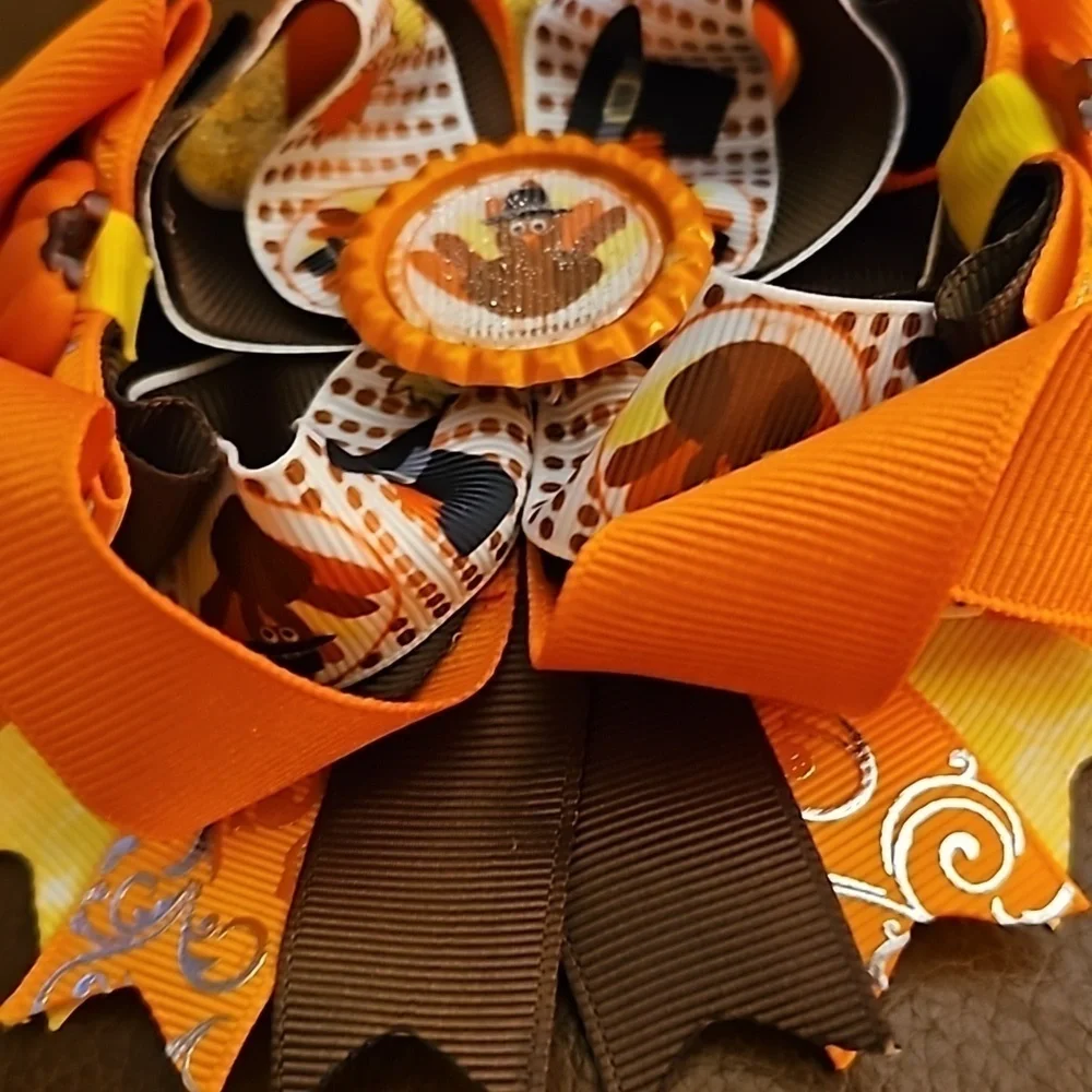 Large Turkey Thanksgiving Fall Round Ribbon Hair Bow